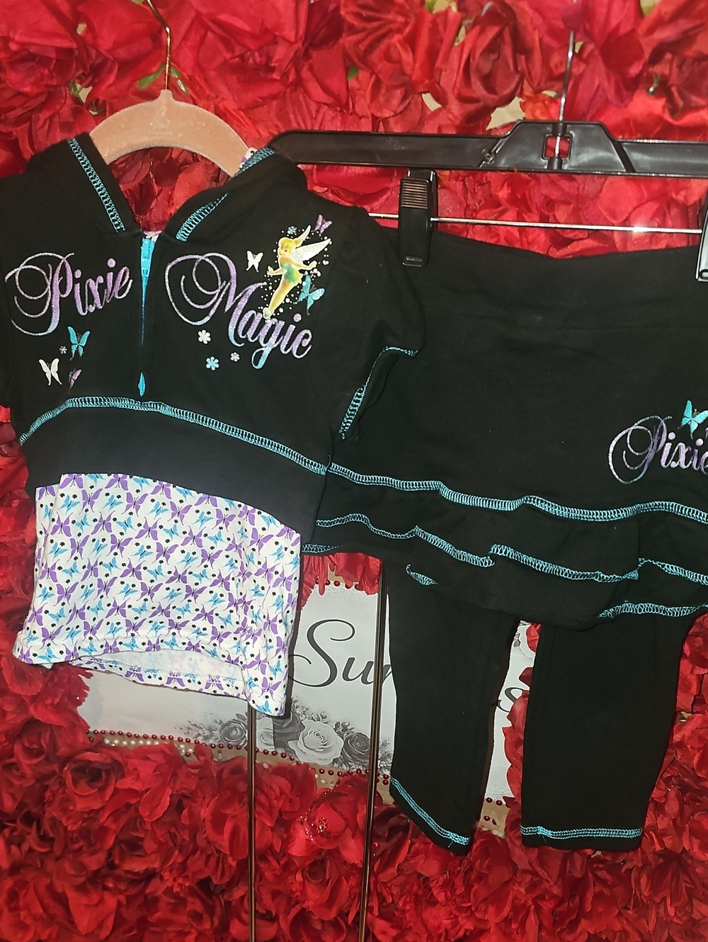Disney Girls Black & Purple Pixie Magic Hoodie Leggings Skirt Set Size 4/5